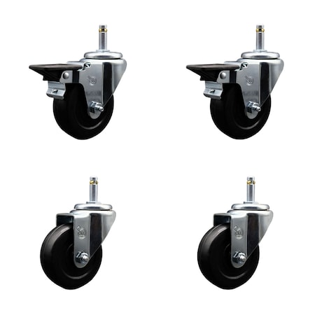 Service Caster 3.5'' Soft Rubber Wheel Swivel 7/16'' Grip Ring Stem Caster Set 2 Brakes, 4PK SCC-GR20S3514-SRS-PLB-716138-2-S-2